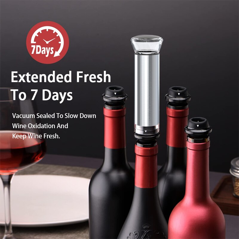 Wine Stopper, Wine Saver Pump, Reusable Stainless Steel Wine Saver Pump and 4 x Reusable Wine Stoppers for Wine Bottles