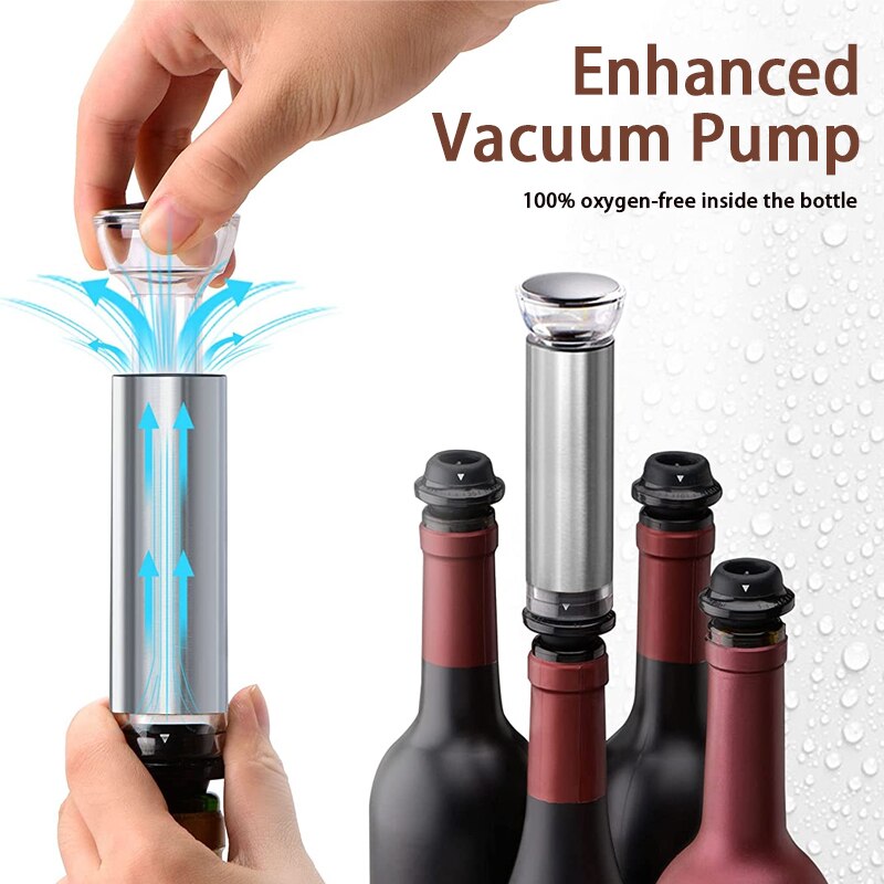 Wine Stopper, Wine Saver Pump, Reusable Stainless Steel Wine Saver Pump and 4 x Reusable Wine Stoppers for Wine Bottles