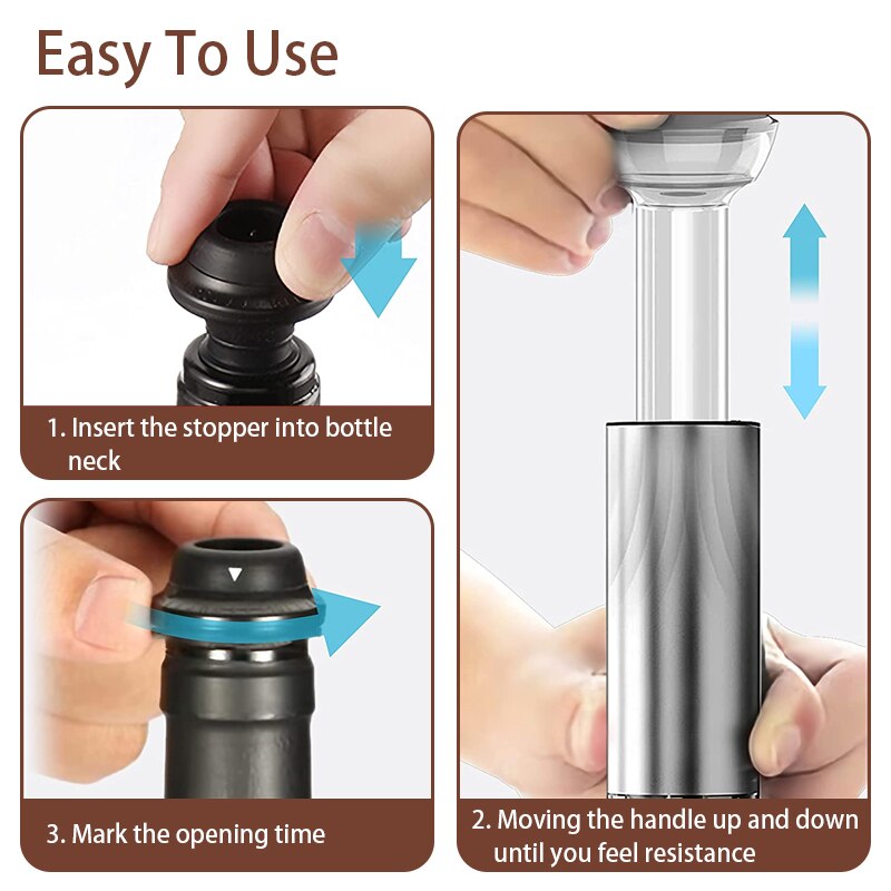 Wine Stopper, Wine Saver Pump, Reusable Stainless Steel Wine Saver Pump and 4 x Reusable Wine Stoppers for Wine Bottles