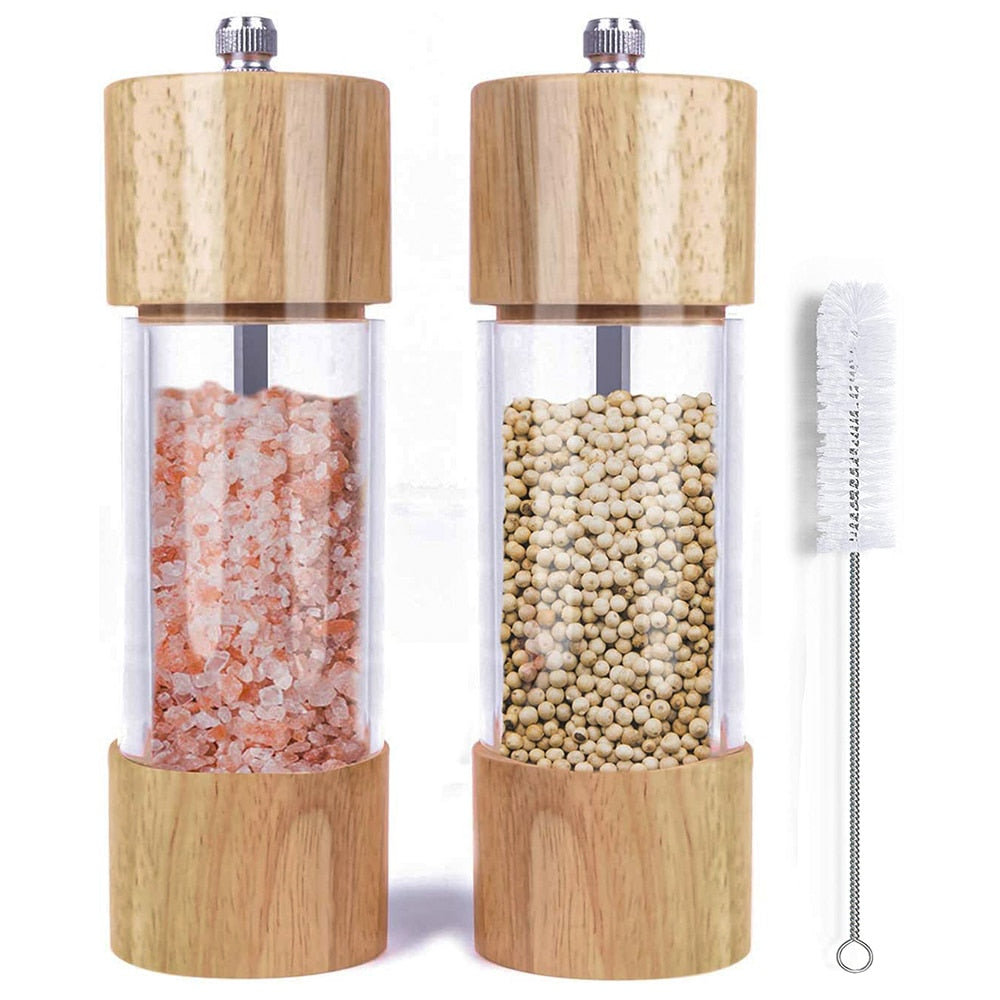 Wooden Salt and Pepper Grinder Set, Manual Salt and Pepper Mills with Acrylic Visible Window and Cleaning Brush, 2 Pack