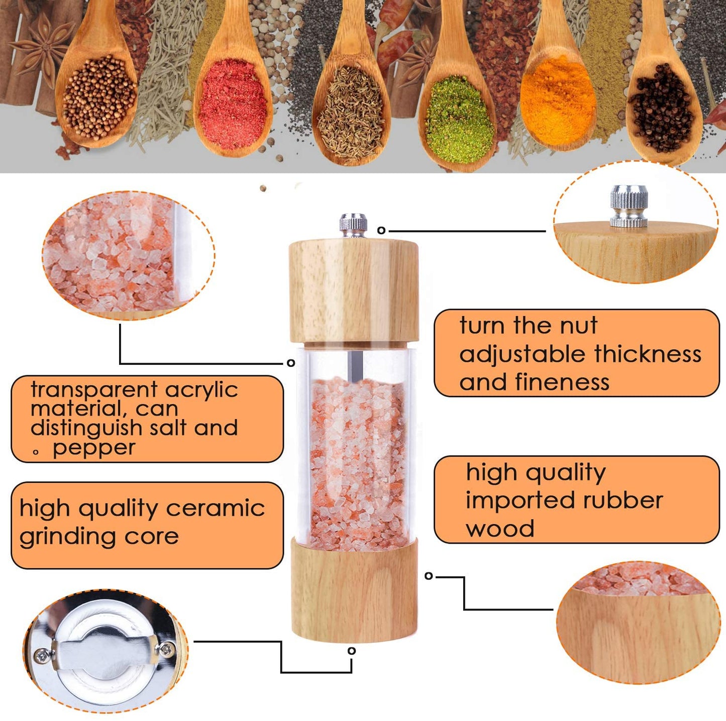 Wooden Salt and Pepper Grinder Set, Manual Salt and Pepper Mills with Acrylic Visible Window and Cleaning Brush, 2 Pack