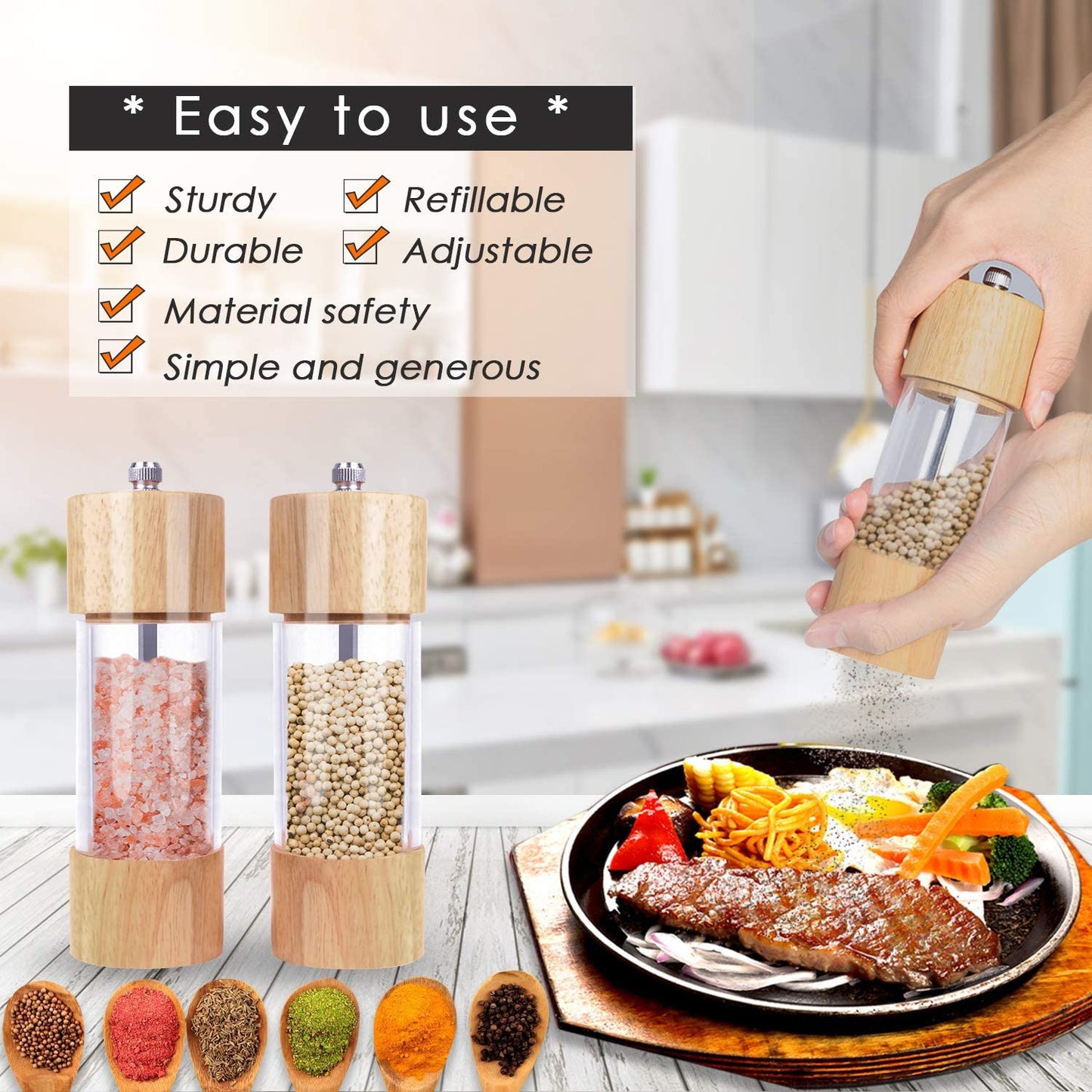 Wooden Salt and Pepper Grinder Set, Manual Salt and Pepper Mills with Acrylic Visible Window and Cleaning Brush, 2 Pack