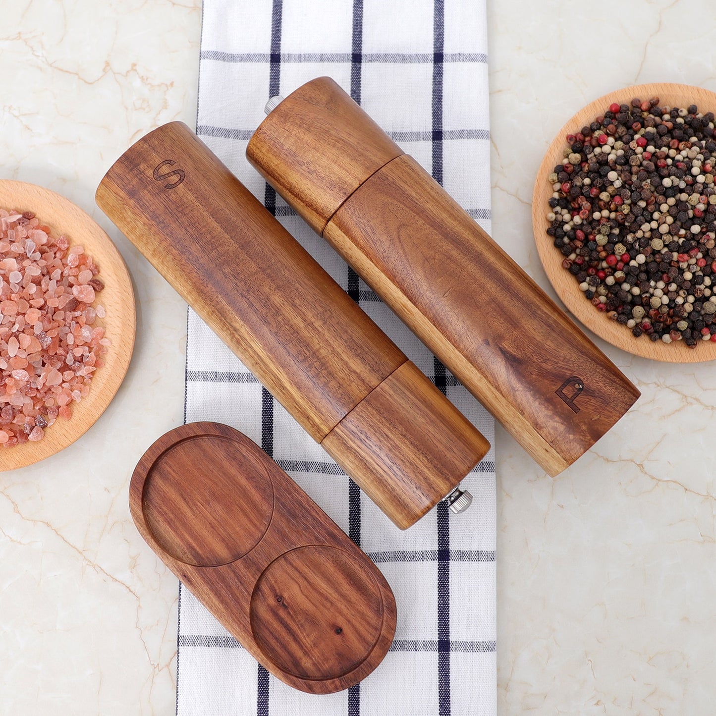 Wooden Salt and Pepper Grinder Set Refillable and Matching Wood Tray - Tall 8 Inch Acacia Wood Salt and Pepper Shakers