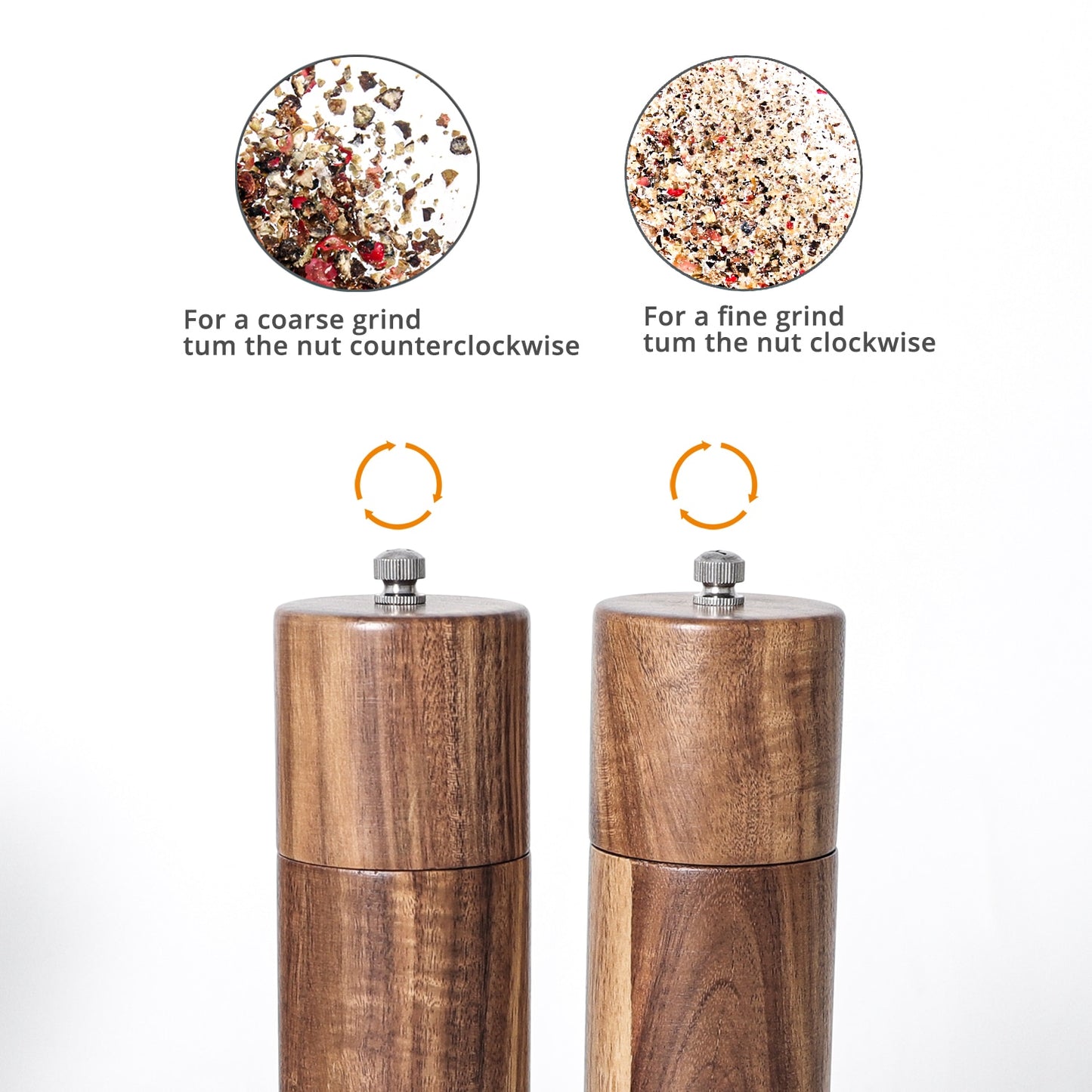 Wooden Salt and Pepper Grinder Set Refillable and Matching Wood Tray - Tall 8 Inch Acacia Wood Salt and Pepper Shakers