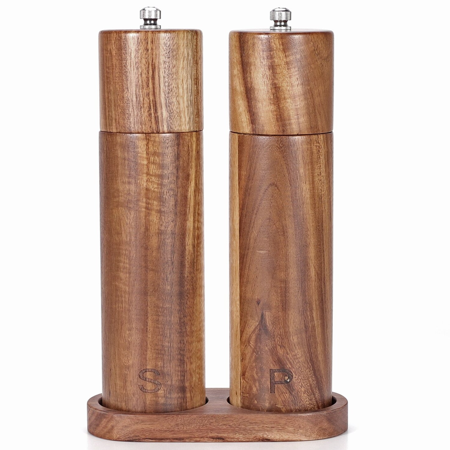 Wooden Salt and Pepper Grinder Set Refillable and Matching Wood Tray - Tall 8 Inch Acacia Wood Salt and Pepper Shakers