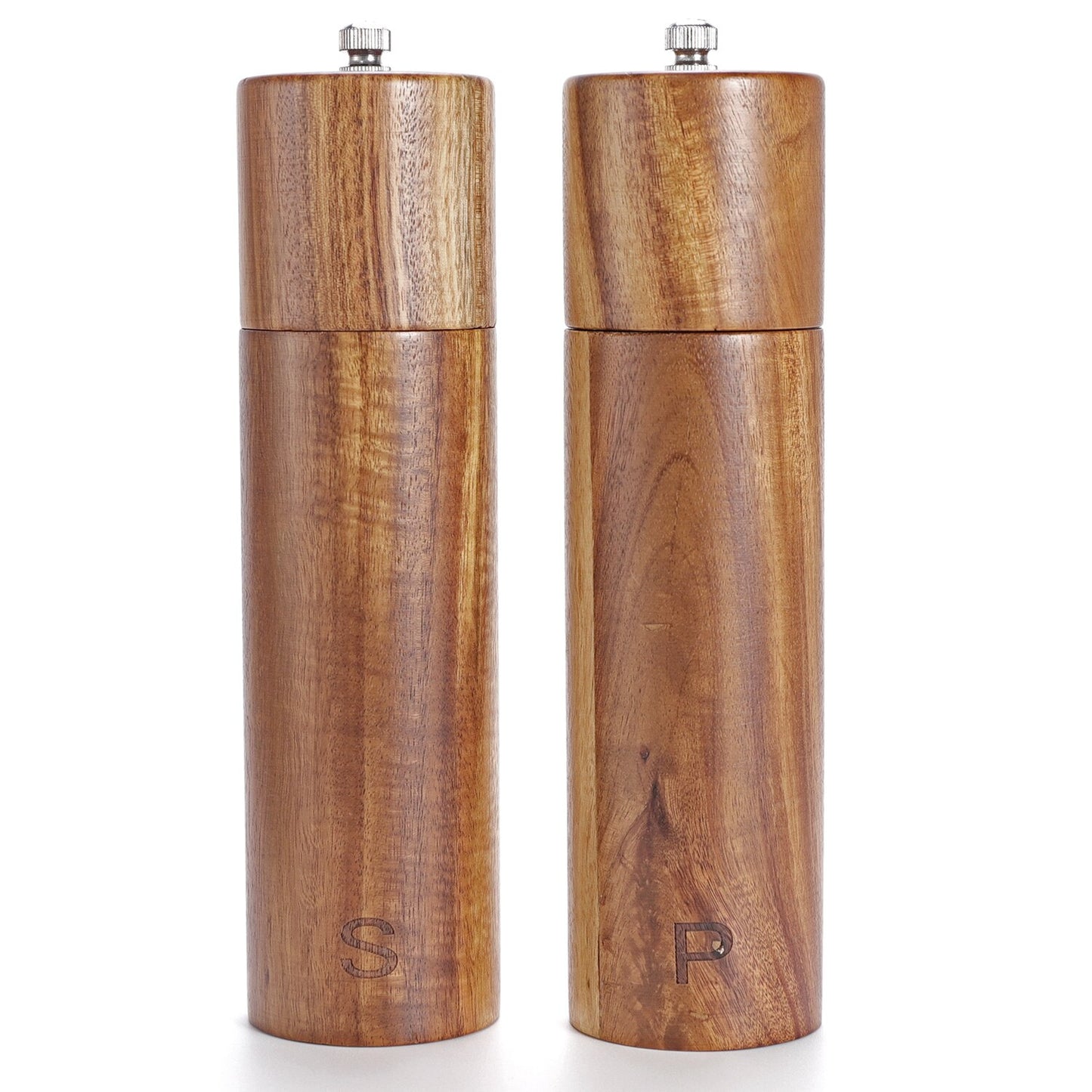 Wooden Salt and Pepper Grinder Set Refillable and Matching Wood Tray - Tall 8 Inch Acacia Wood Salt and Pepper Shakers